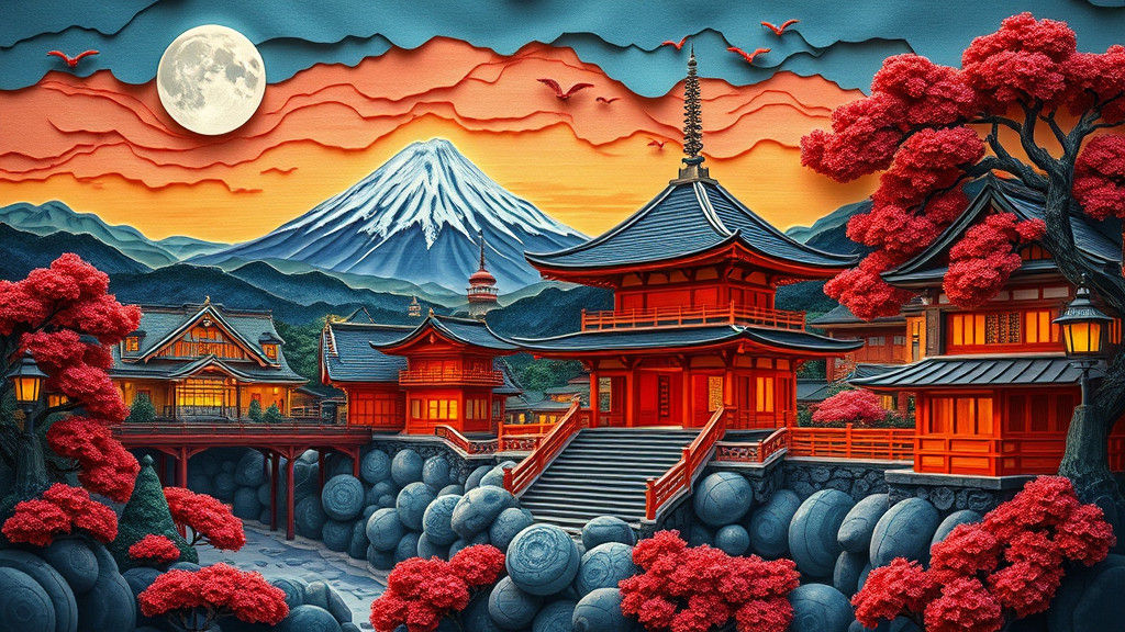 Origami Japanese Landscape in Post-Impressionistic Style