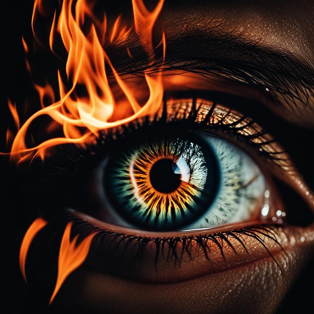 Fiery Eye Reflecting a Witch: Hyperrealistic Close-Up