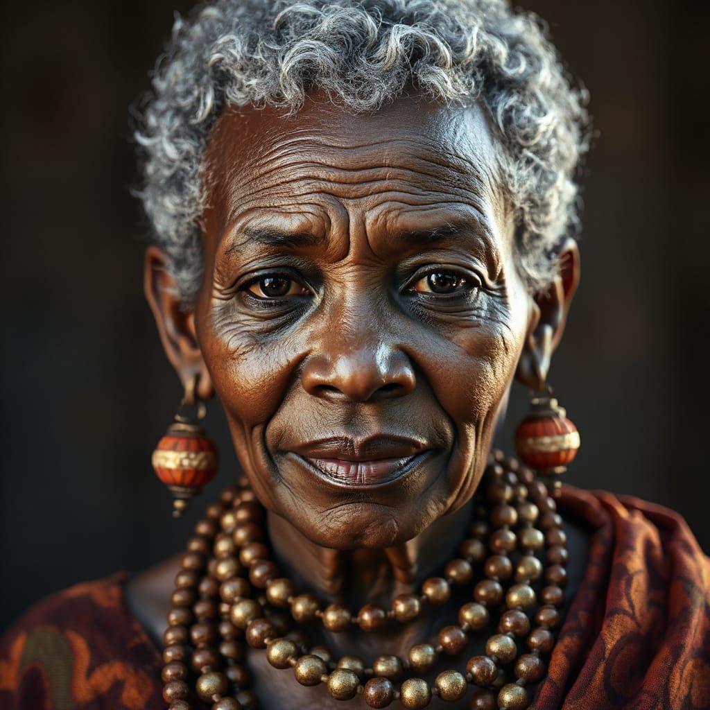 Wise Elderly African Woman Portrait, Hyperdetailed Digital A...