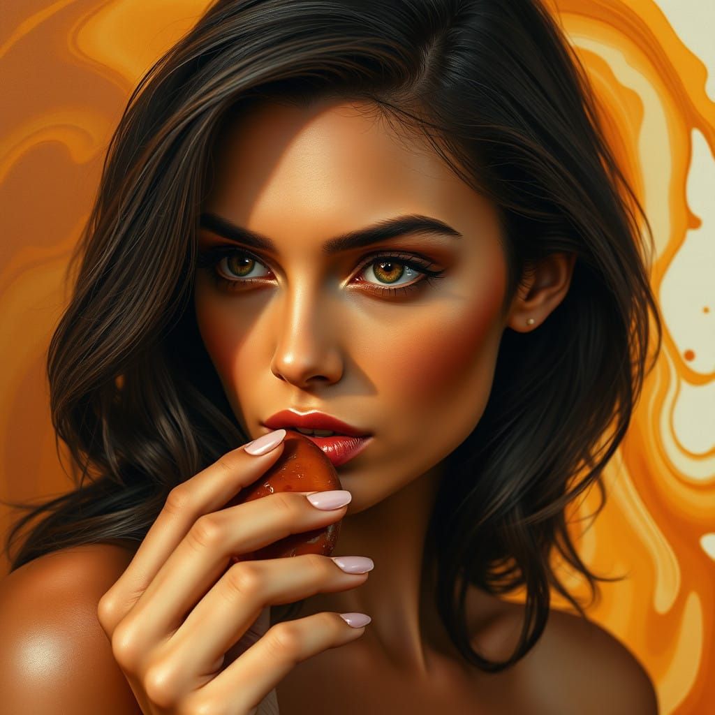 Exotic Woman Savoring a Sweet Morsel in Warm, Golden Light