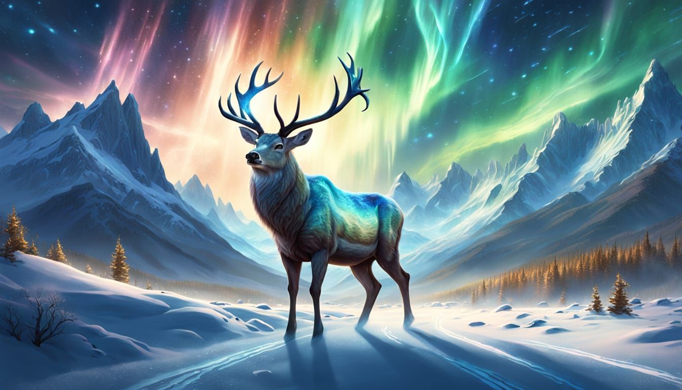 Cosmic Stardust Deer in Snowy Alps Landscape