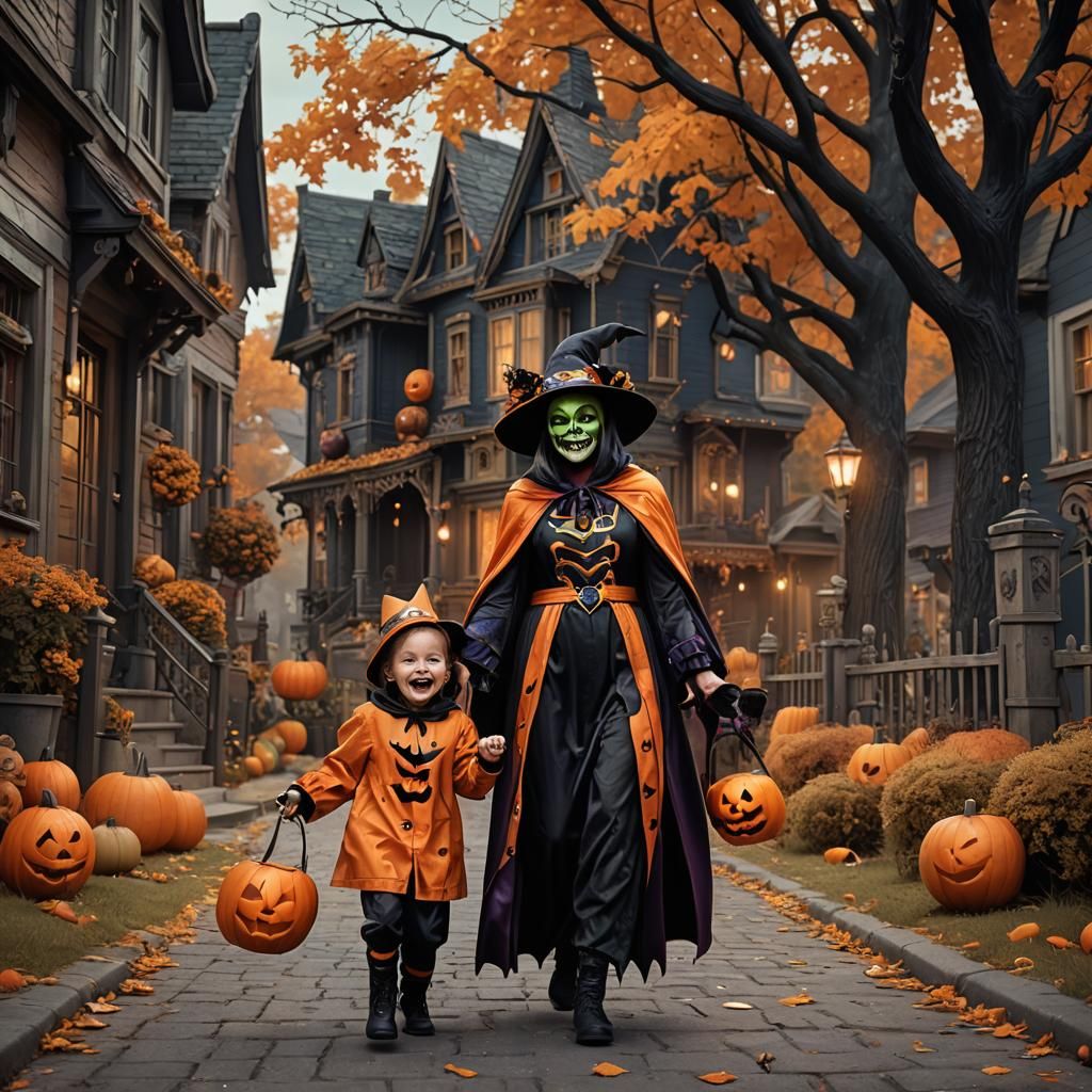 Mom and Child Trick-or-Treating in Matching Costumes