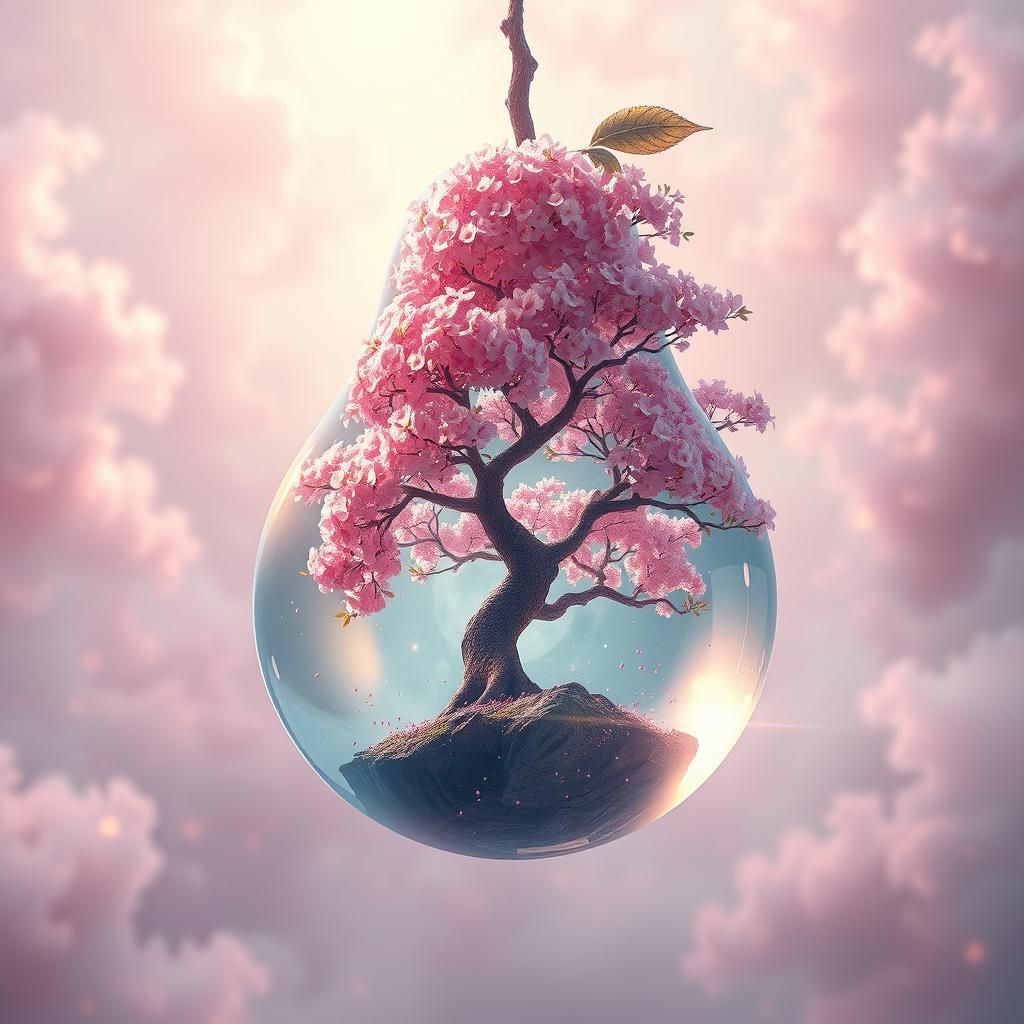Cherry Blossom Tree in Crystal Pear: Dreamlike Matte Paintin...