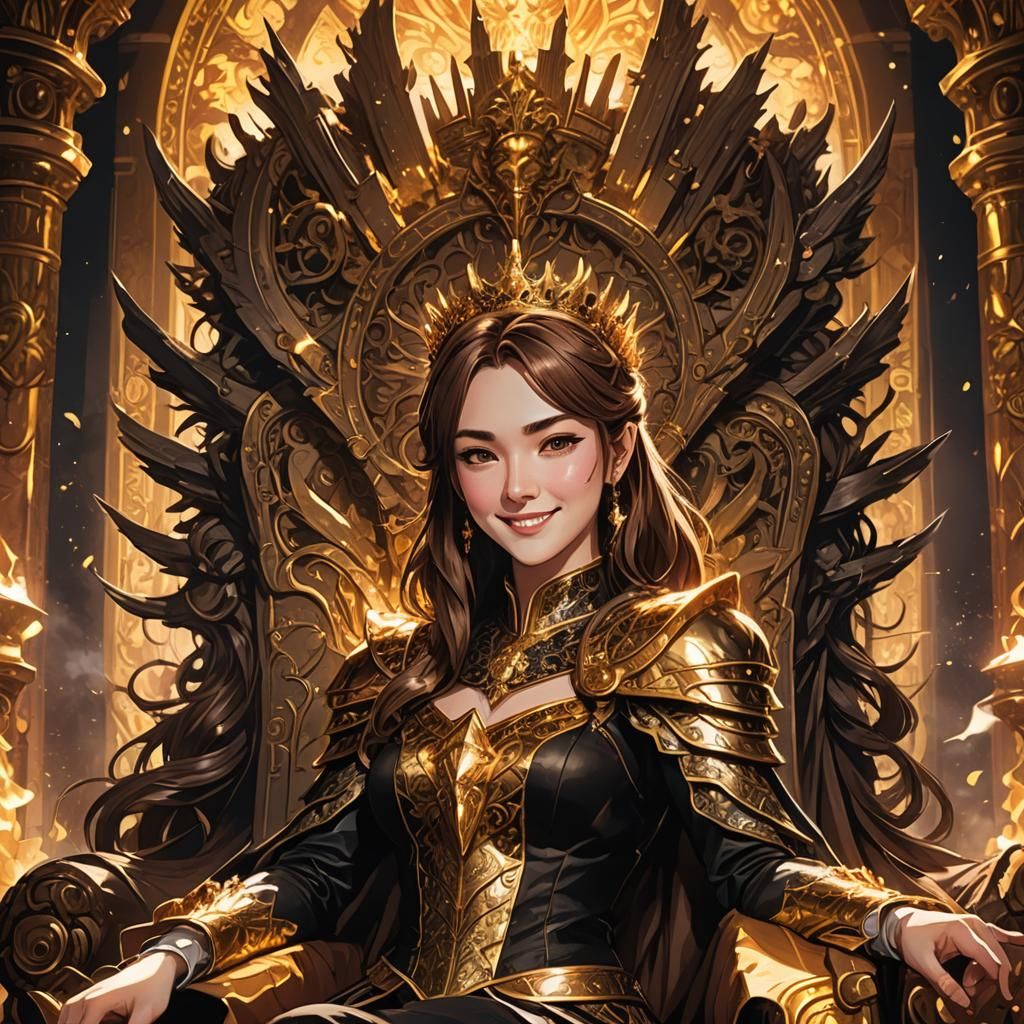 A brown haired queen is smiling maniacally, sitting atop her...