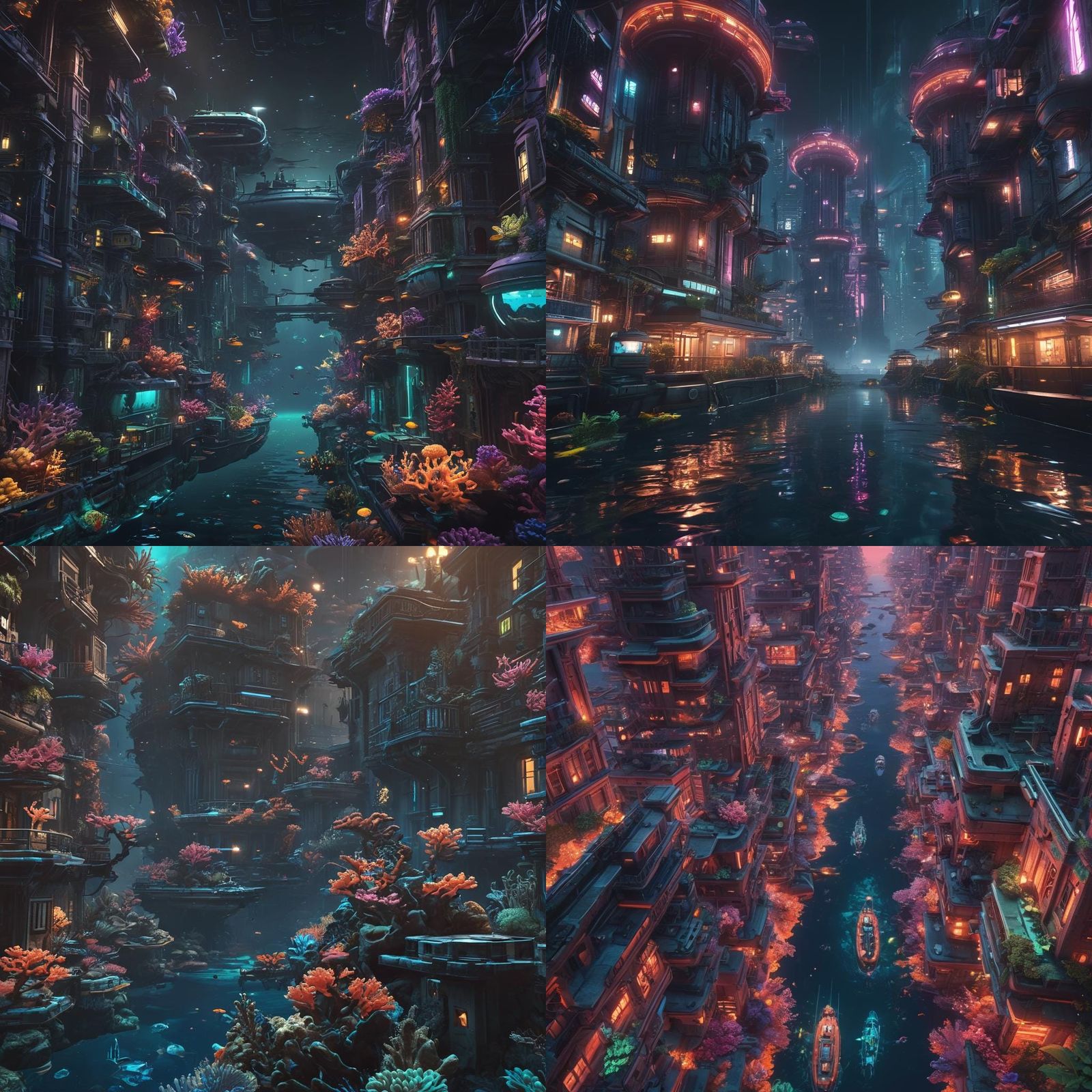 Futuristic Underwater City with Glowing Coral in 3D