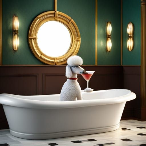 Poodle Enjoys Martini in Bathtub: Detailed Digital Painting