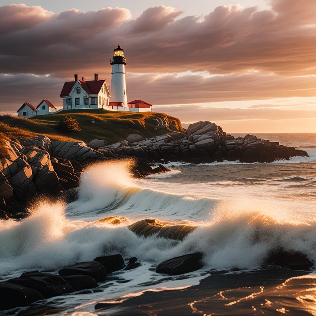 Cape Elizabeth Lighthouse Sunset in Oil Painting Style