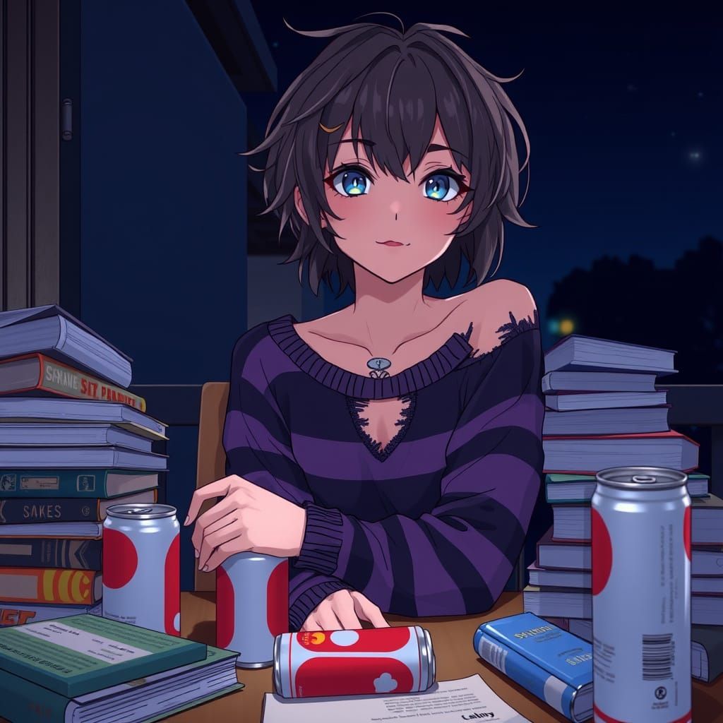 Anime Emo Girl with Books and Soda