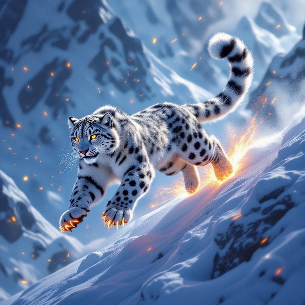 Snow Leopard Leaping with Fiery Runes, Hyperreal Warrior