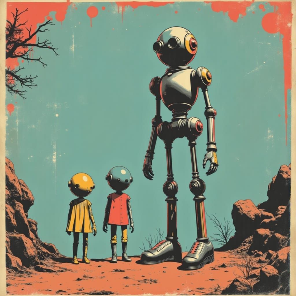 Retro Sci-Fi Robots and Monster in Posterized Stencil Art