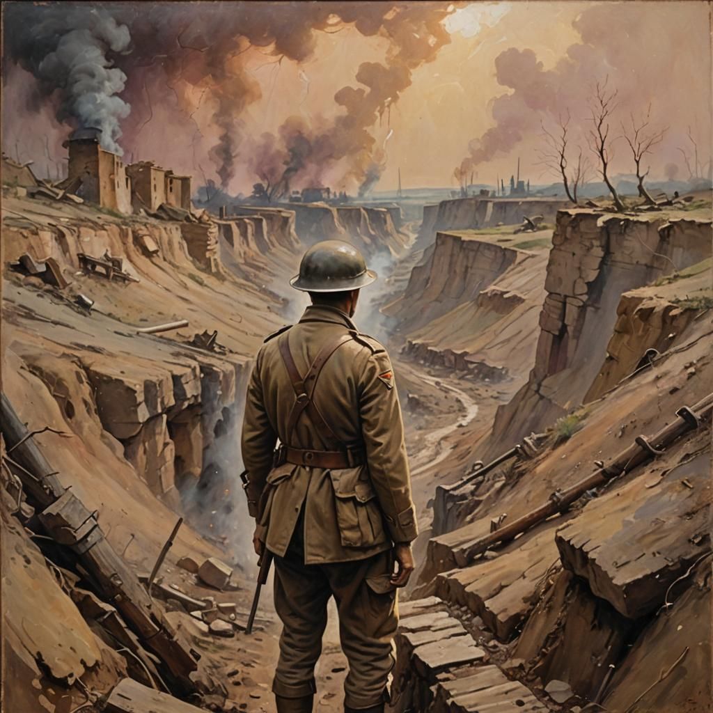 Italian Soldier in WWI Trench: Oil Painting