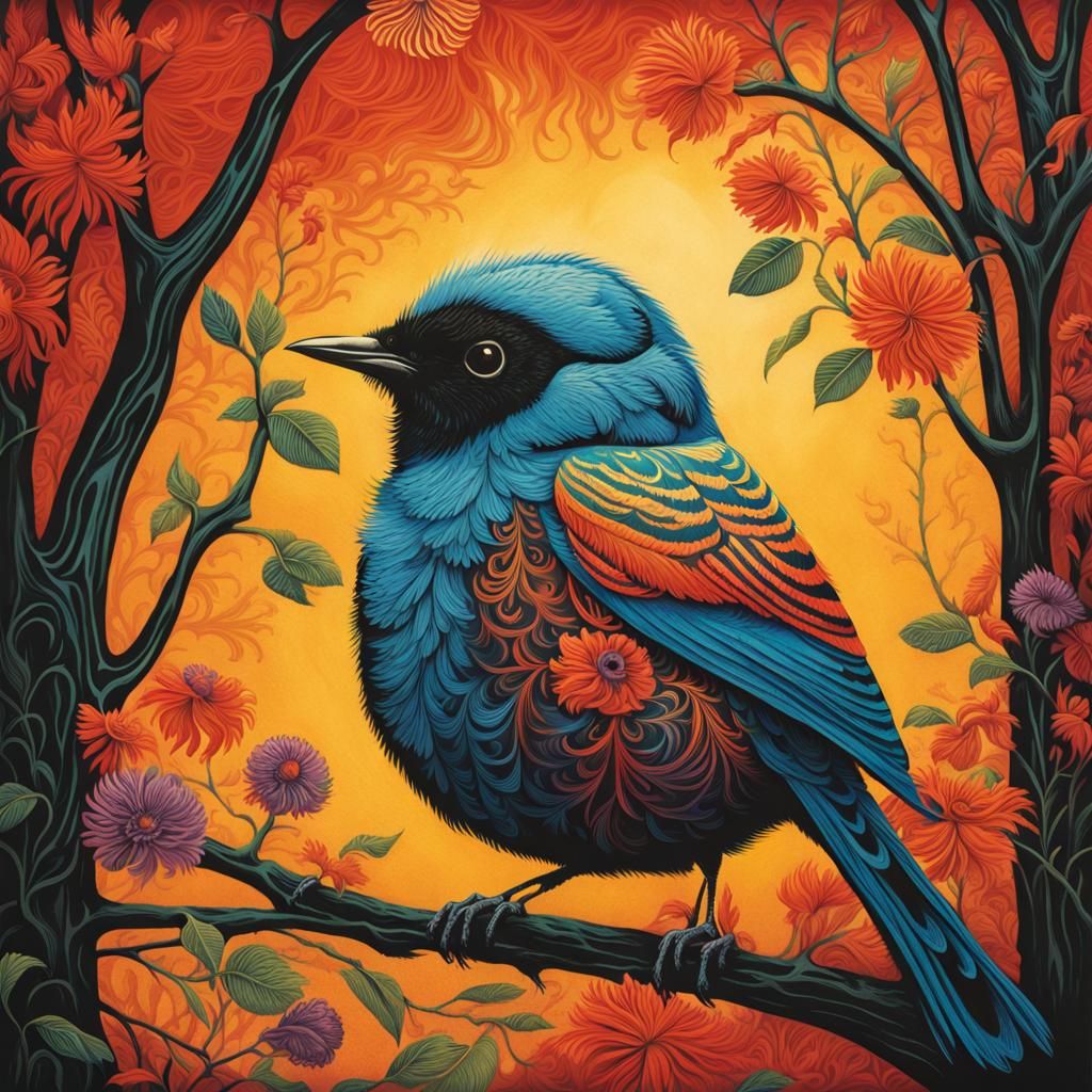 Intricate Wood Engraving of a Cute Bird