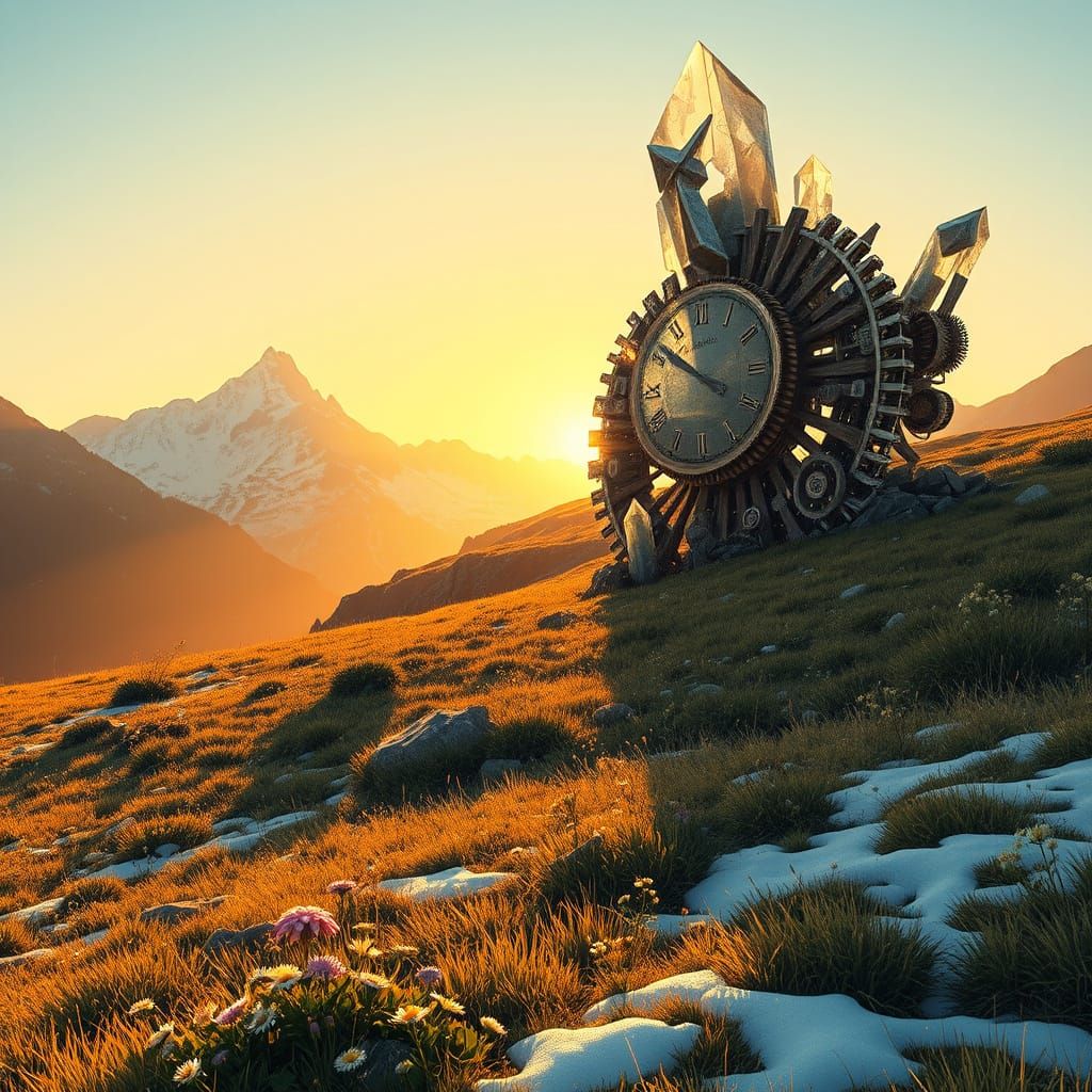 Surreal Alpine Meadow with Crystal Clockwork Decay