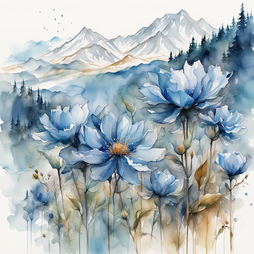 Blue Flowers in Watercolor Line Art Style