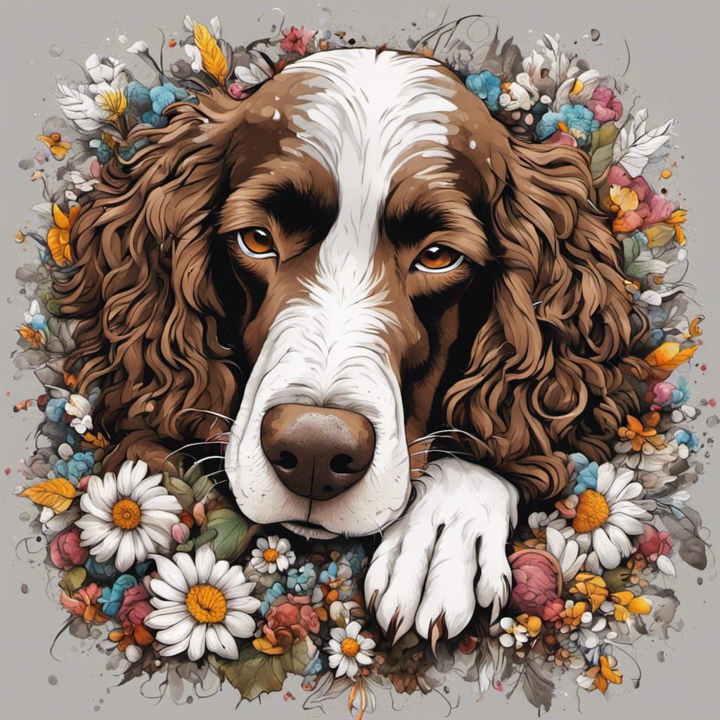 Spaniel with Flowers