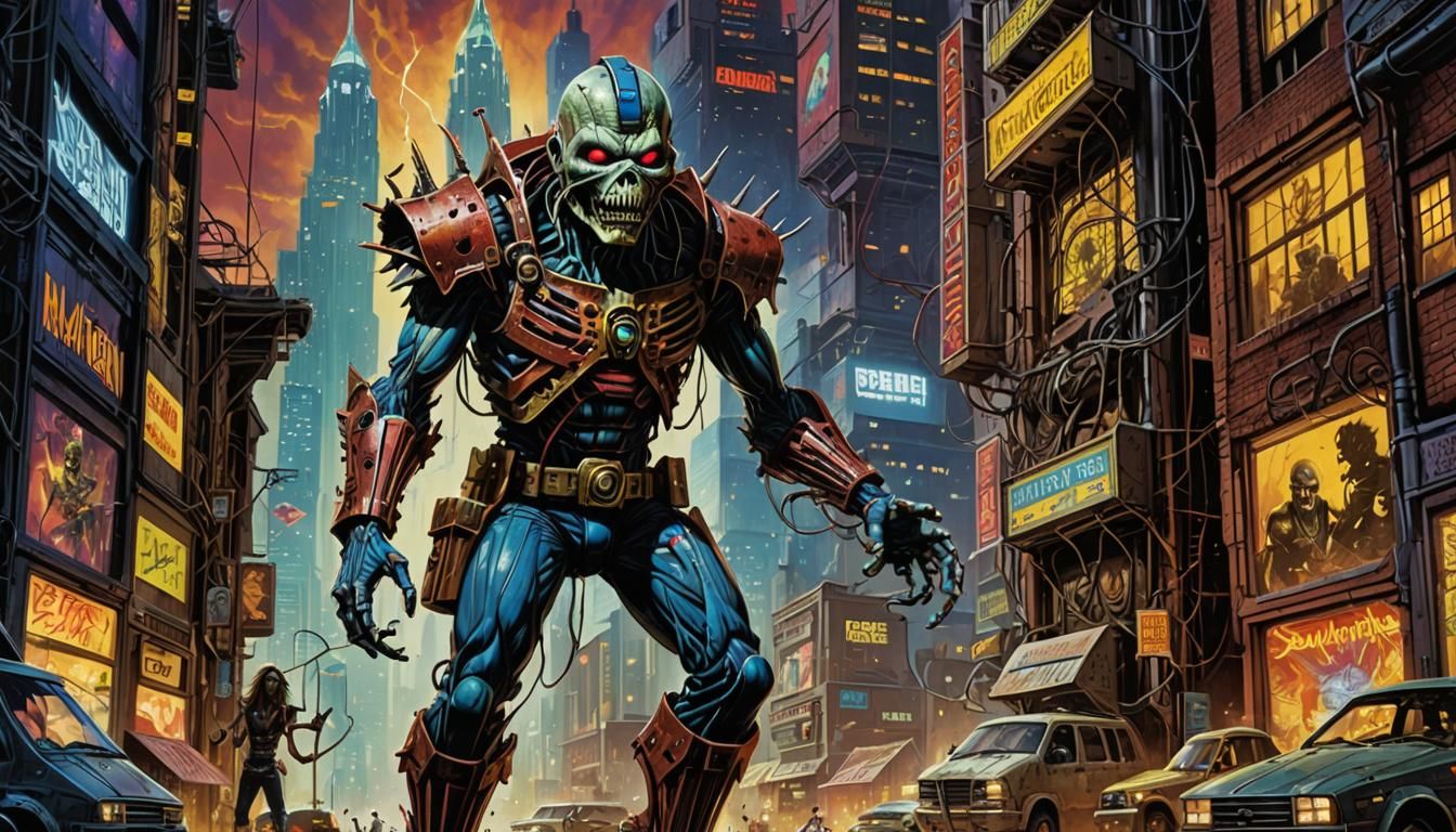Iron maiden somewhere in time with Eddie futuristic seedy ci...