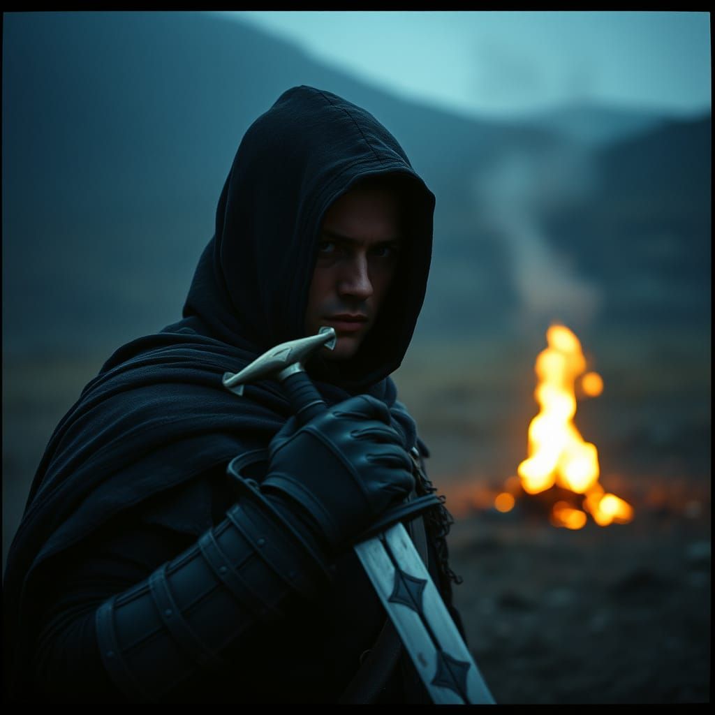 Ethereal Warrior in Shadows Holds Ancient Sword