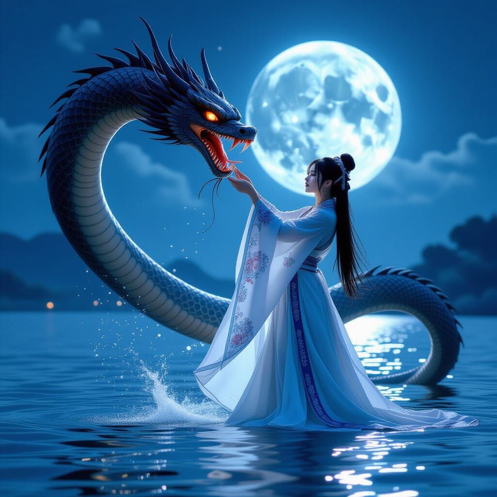 Woman Slaying Snake Demon in Moonlight