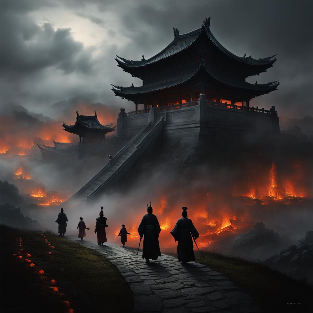 Sinister Chinese Hellscape with Temple in Dark Sky
