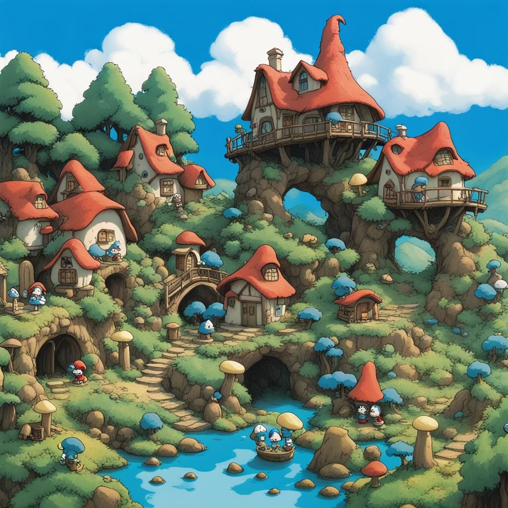 Smurf Village in Studio Ghibli Style
