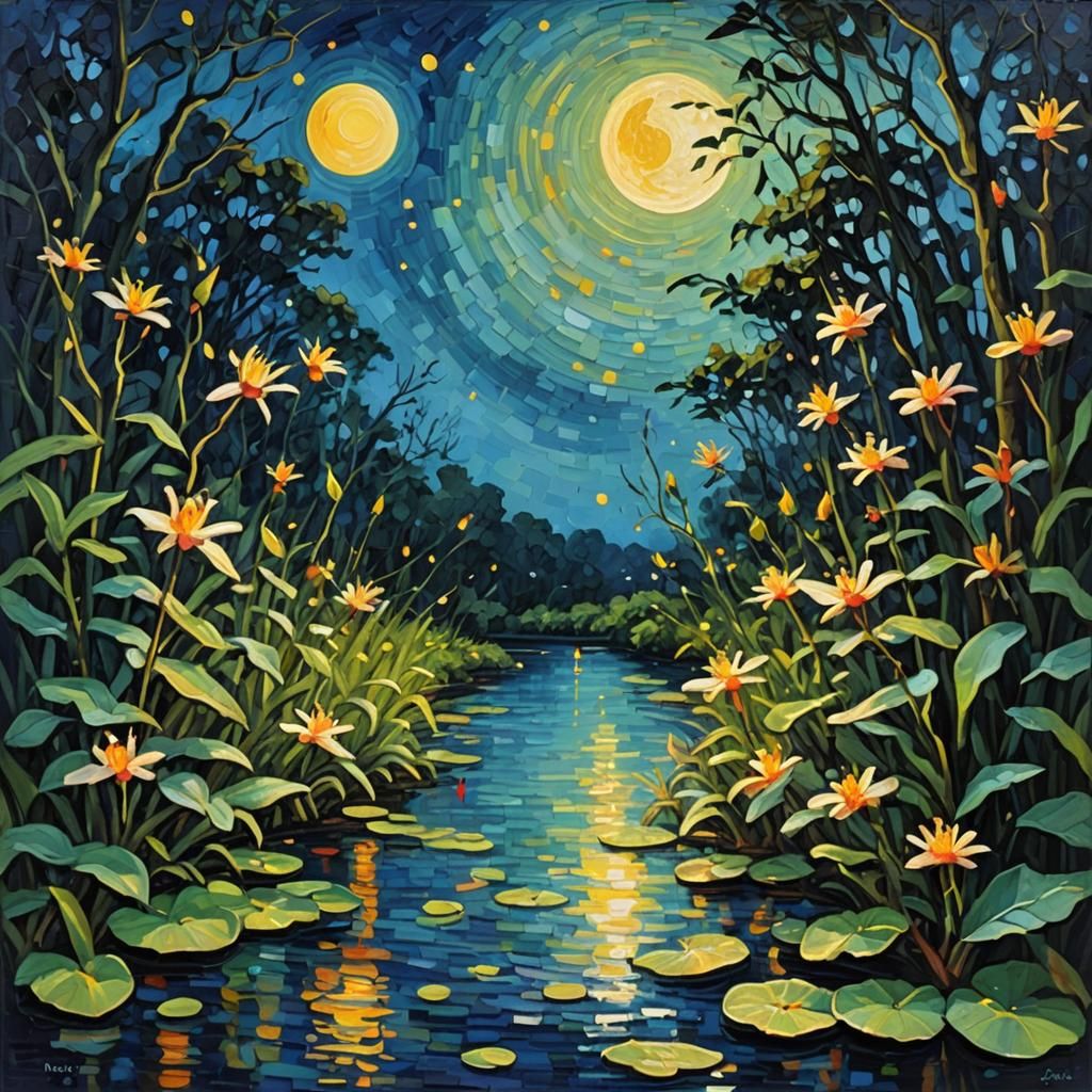 Firefly and Moonlit Water: Neo-Impressionist Oil Painting