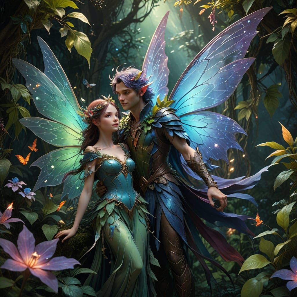 Fantasy Fairies in Lush Foliage, Whimsical Concept Art