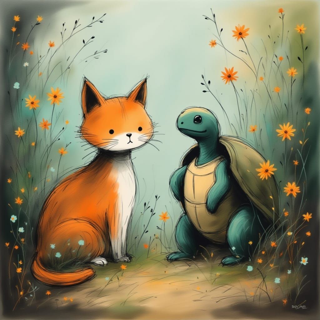 Curious Cat and Turtle in Garden