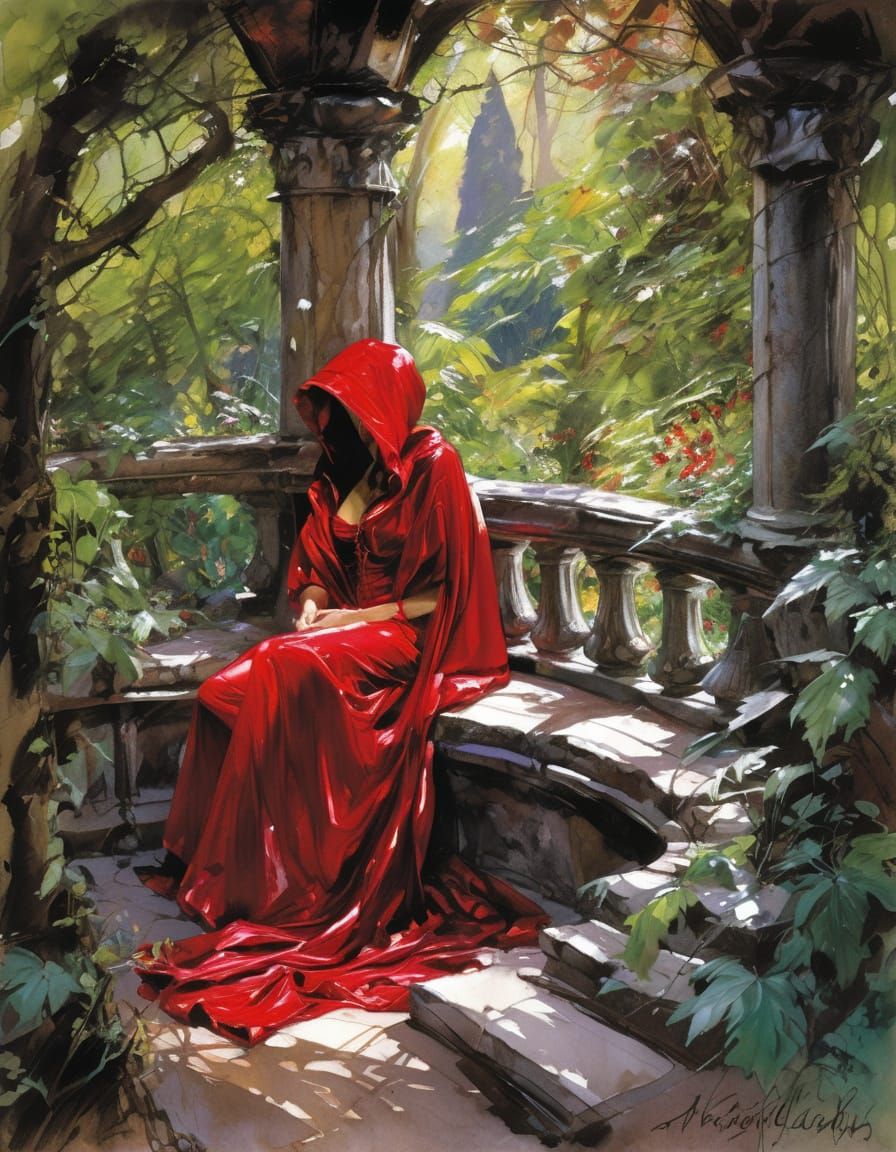Figure in Red Gown Gazing Over Forest as Oil Painting