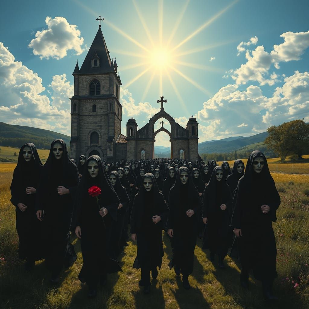 Surrealist Funeral Procession in a Dreamlike Landscape