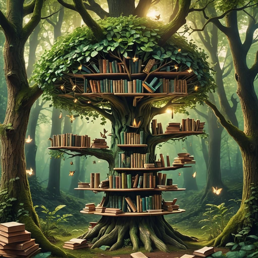 Enchanted Bookshelf with Fairies in Mystic Forest