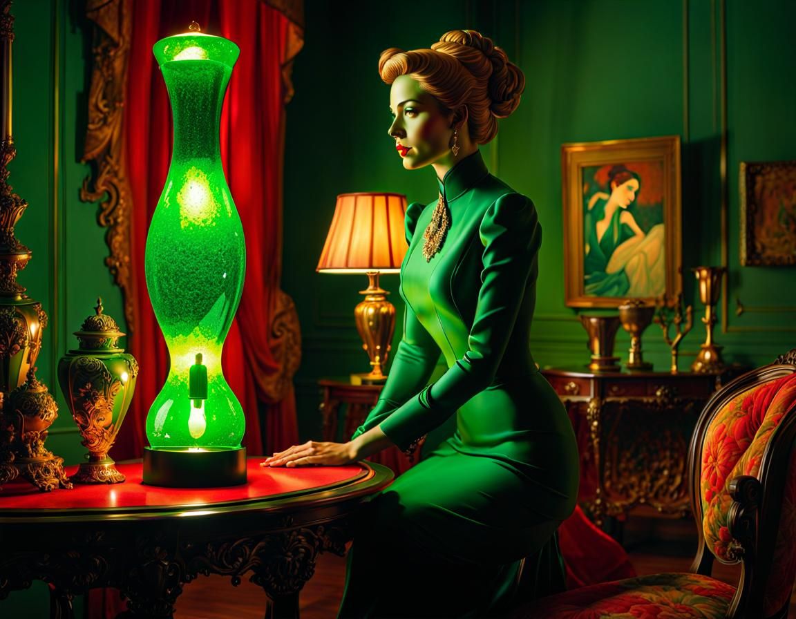 Green Lady in Lautrec Style with Lava Lamp