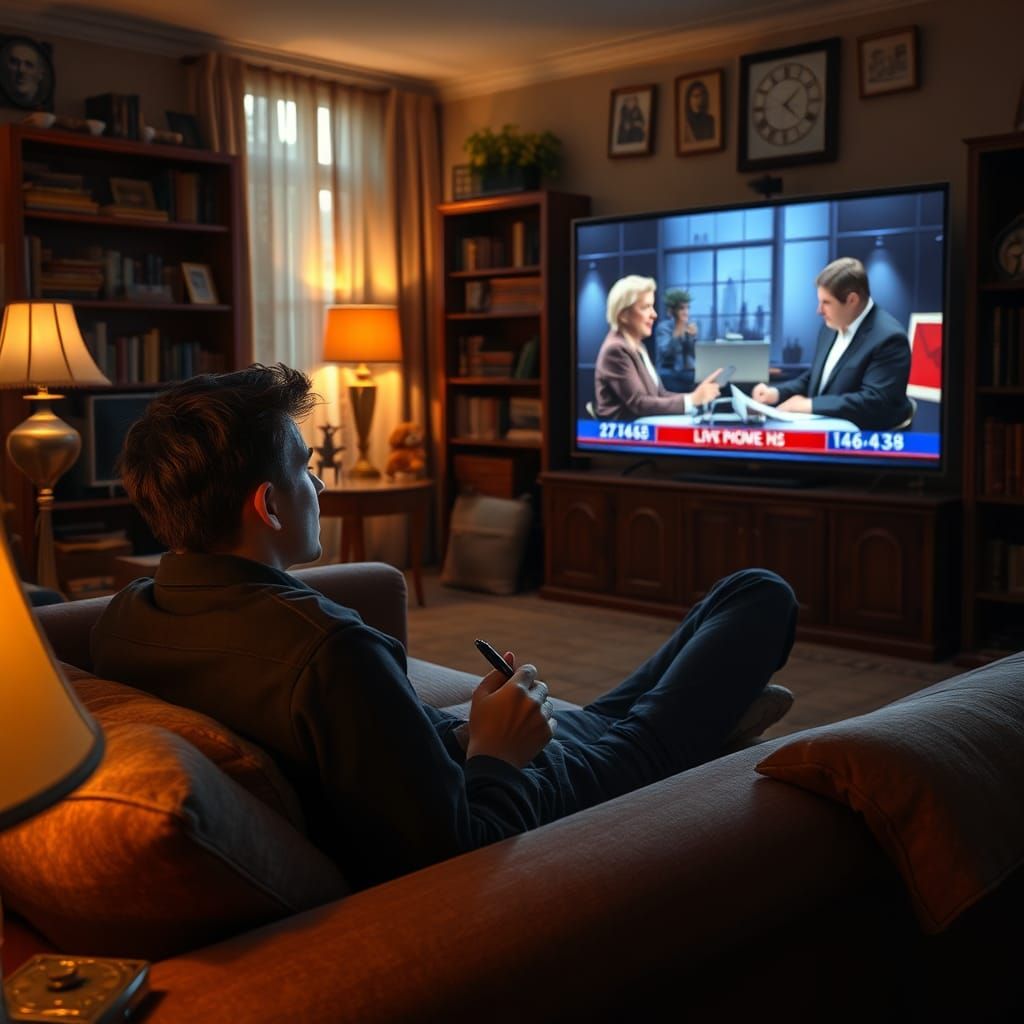 Introspective Man on Couch Watching TV