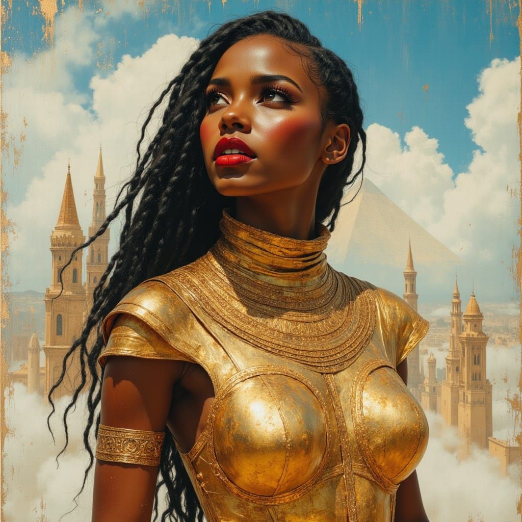 African Warrior Goddess in Egyptian Cityscape