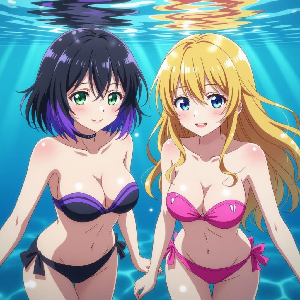 Anime Women Swimming Underwater in Vibrant Stylized Scene