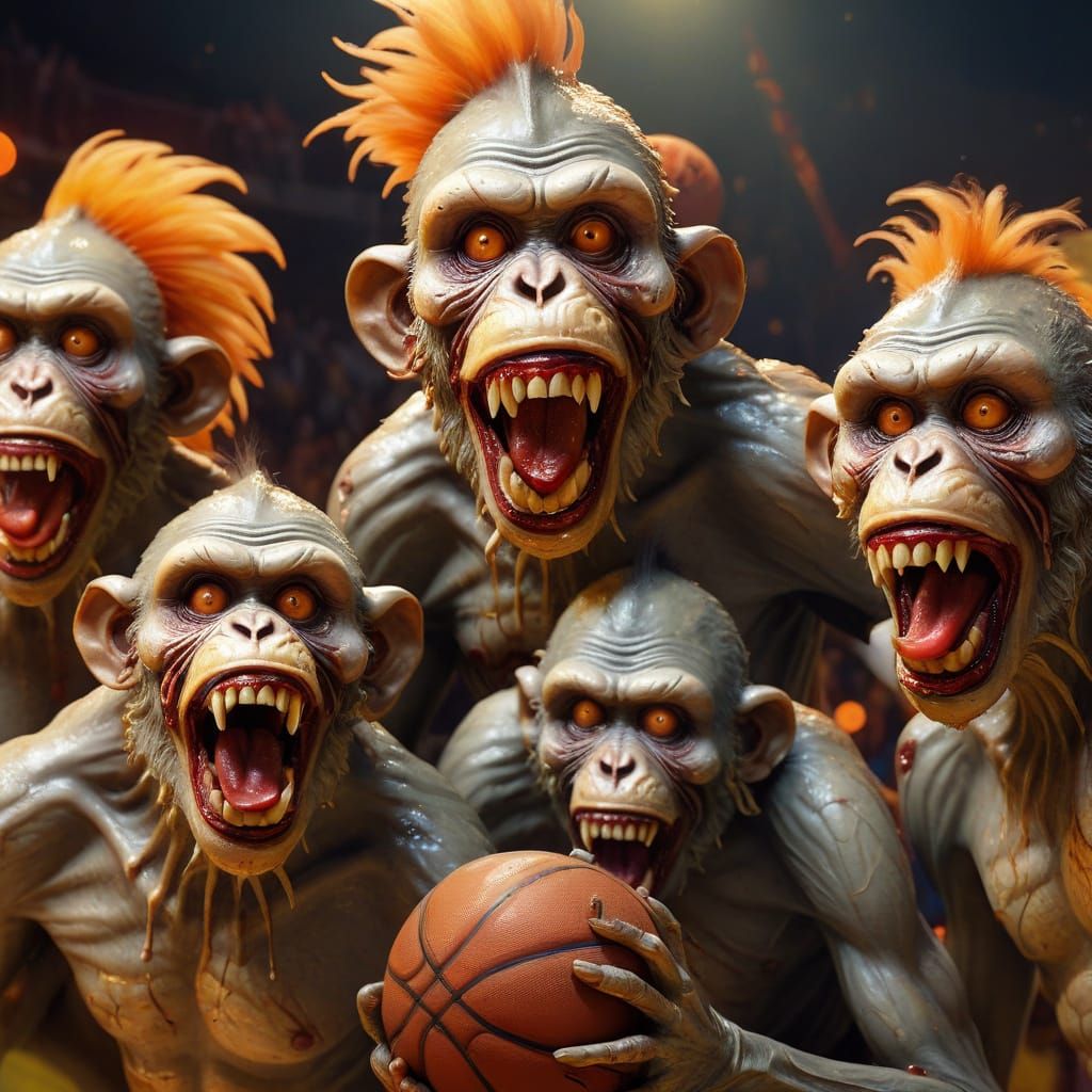 Surreal Zombie Monkey Clowns Playing Basketball
