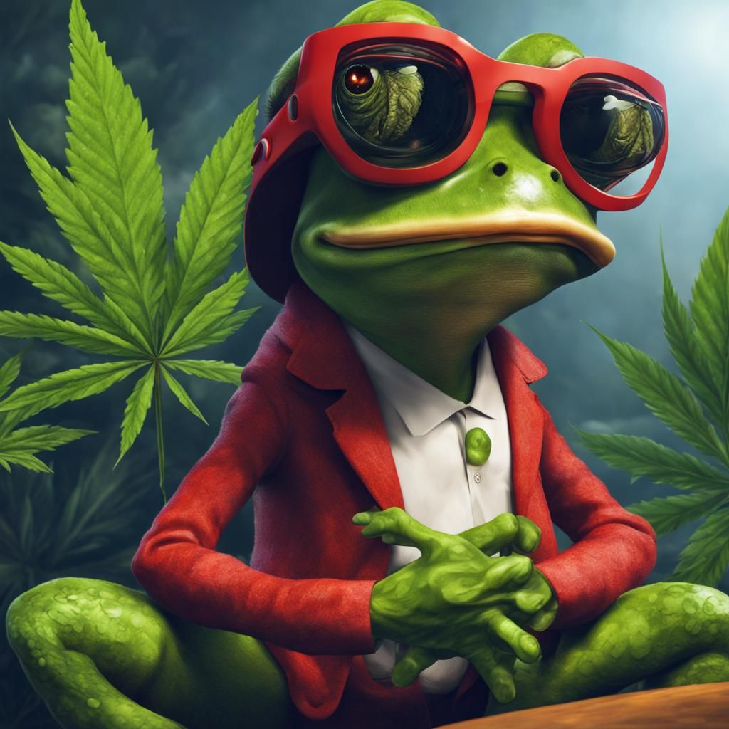 a cool frog pepe that is snoking cannabis , meme, masterpiece, 16k wallpaper, unreal engine, photorealism, extremly deta...