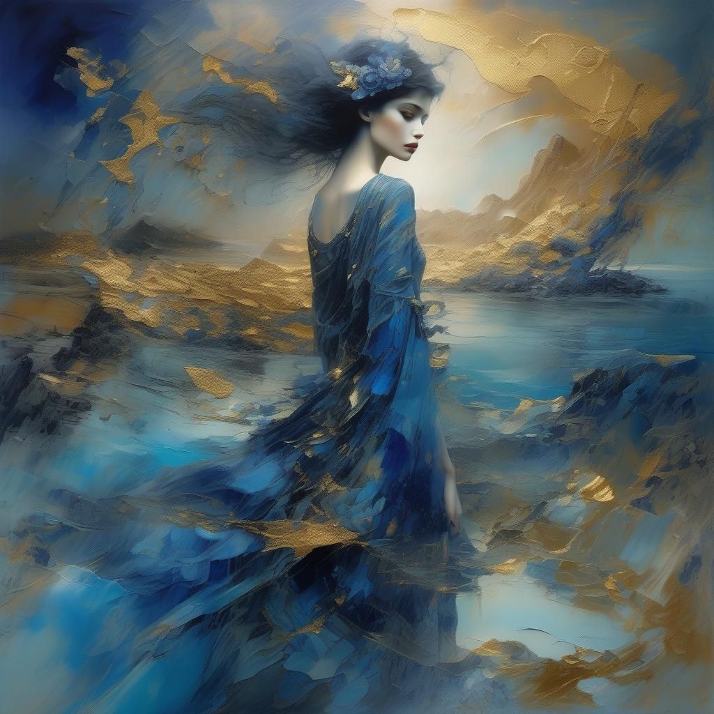 Surreal Digital Landscape with Indigo and Gold Colors