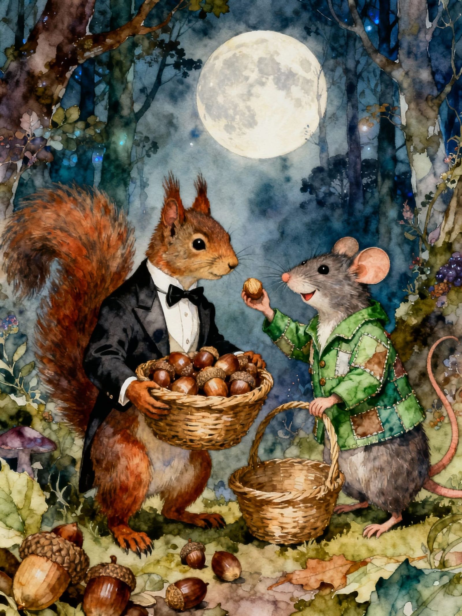 Anthropomorphic Animals in Magical Forest at Midnight