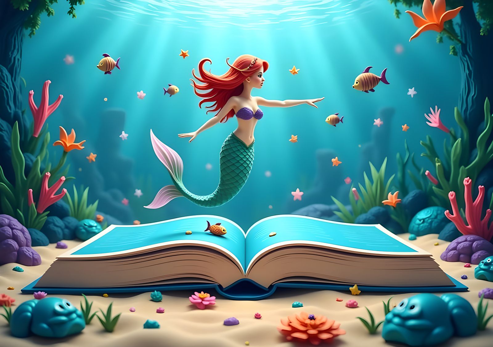 Paper Mermaid in Pop-Up Book Under the Sea