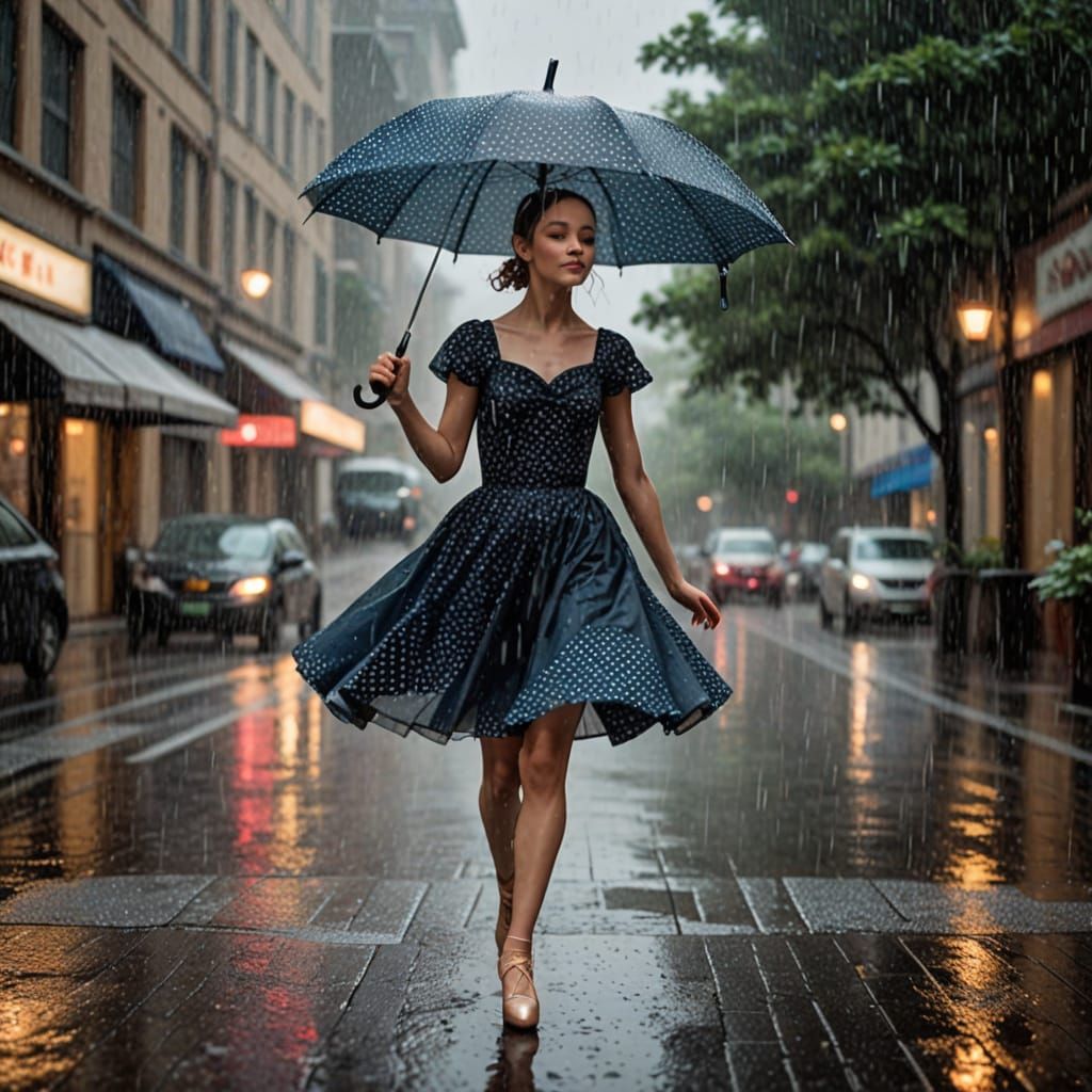 Ballerina Dancing in Rain with Umbrella