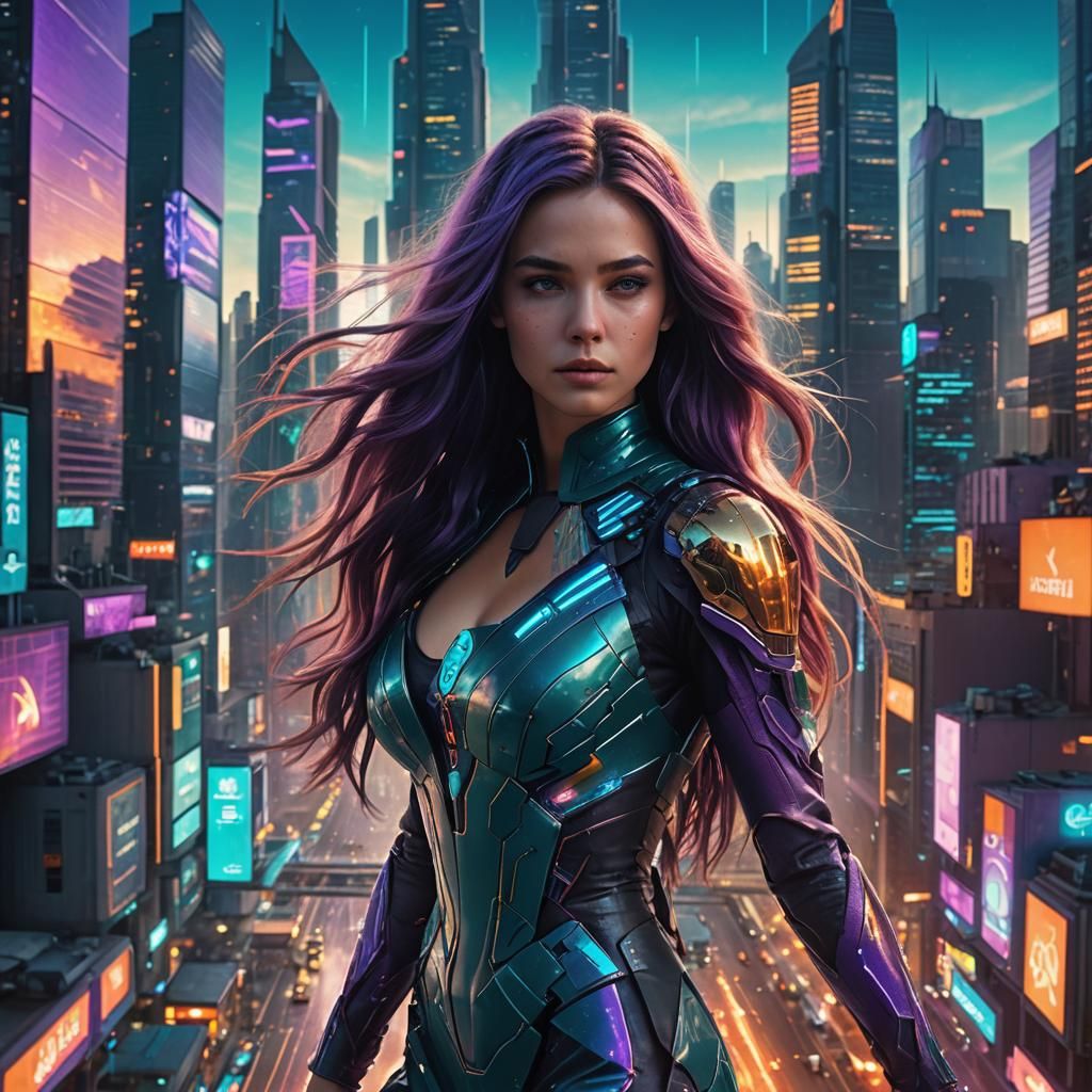 Model in Teal Dress: Cyberpunk Cityscape