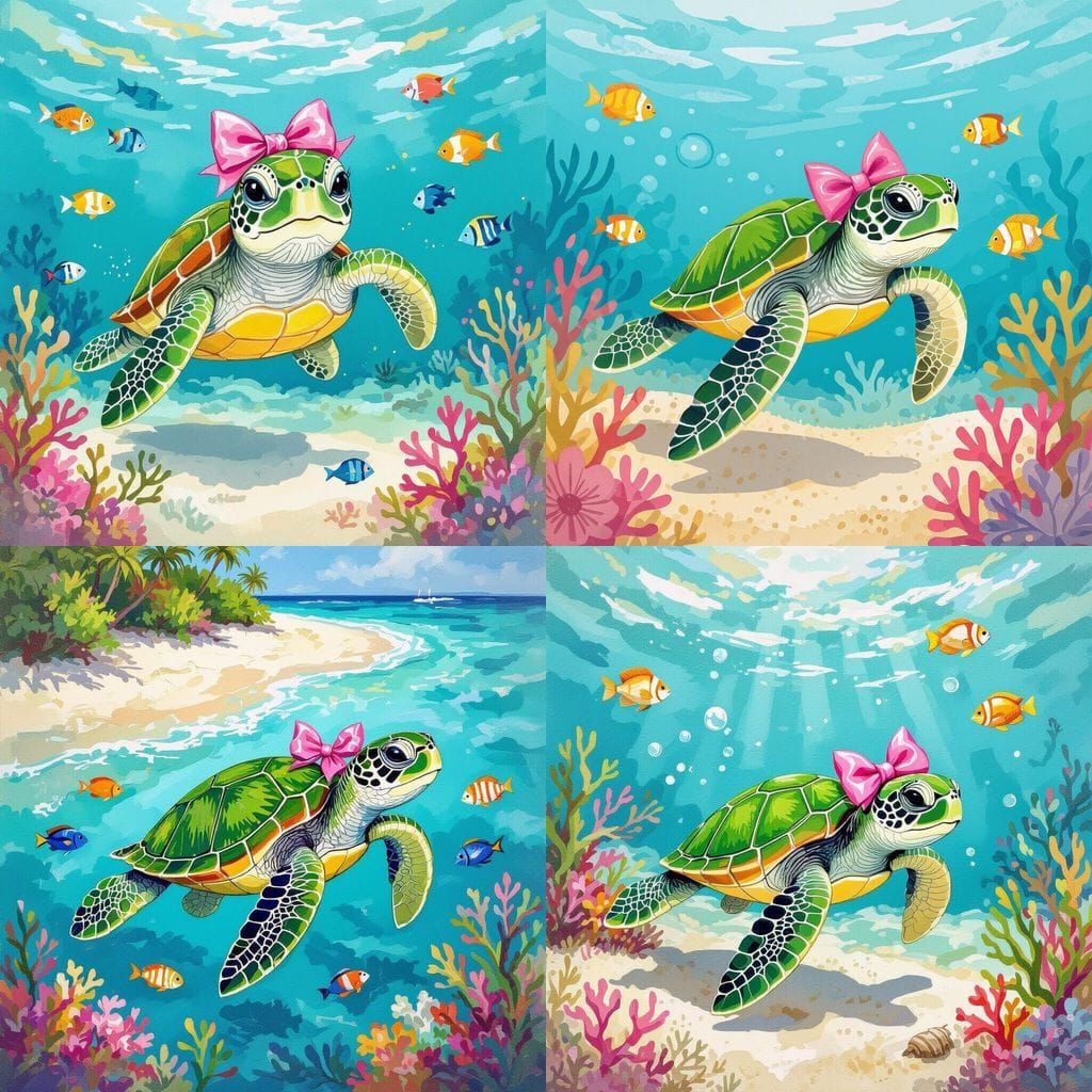 Baby Sea Turtle with Pink Bow in Turquoise Water