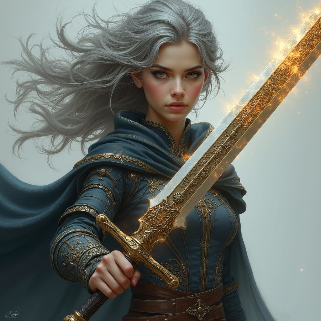 Ethereal Warrior Wields Glowing Sword in Hyper-Realistic Mas...