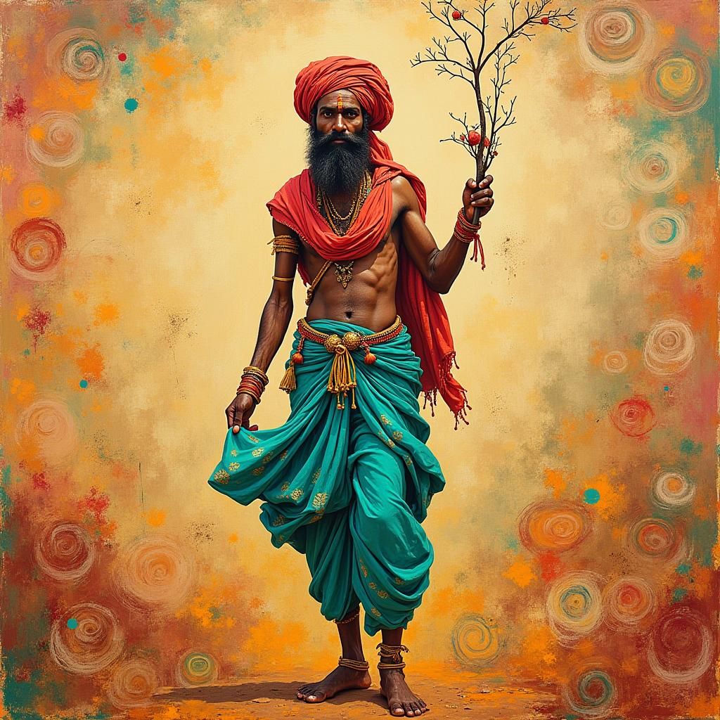 Ornate Indian Farmer in Madhubani Style