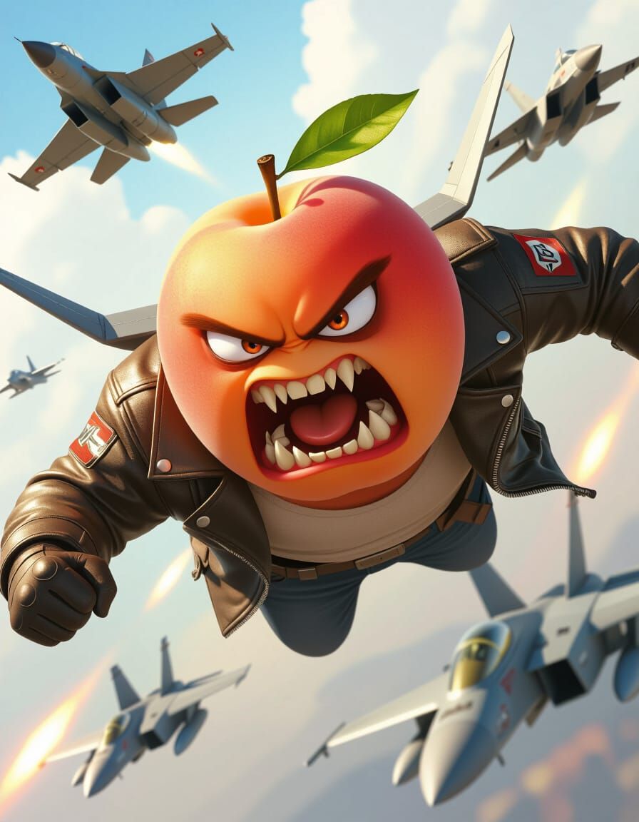 Fierce Anthropomorphic Peach in Aviator Jacket with Fighter ...