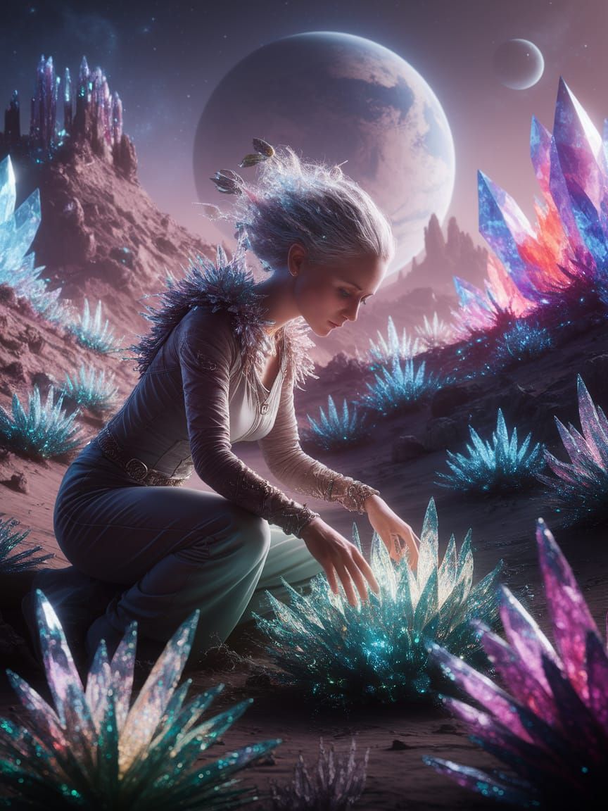 Cosmic Herbalist Tends Glowing Stardust Plants on Alien Plan...