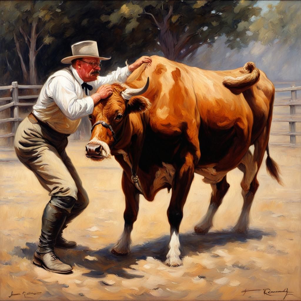 Theodore Roosevelt Wrestles a Cow: Oil Painting