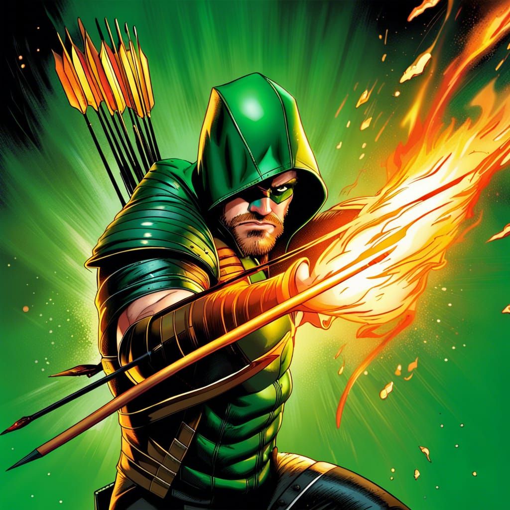 Green Arrow Fires Flaming Arrow: Hyperrealistic Splash Art