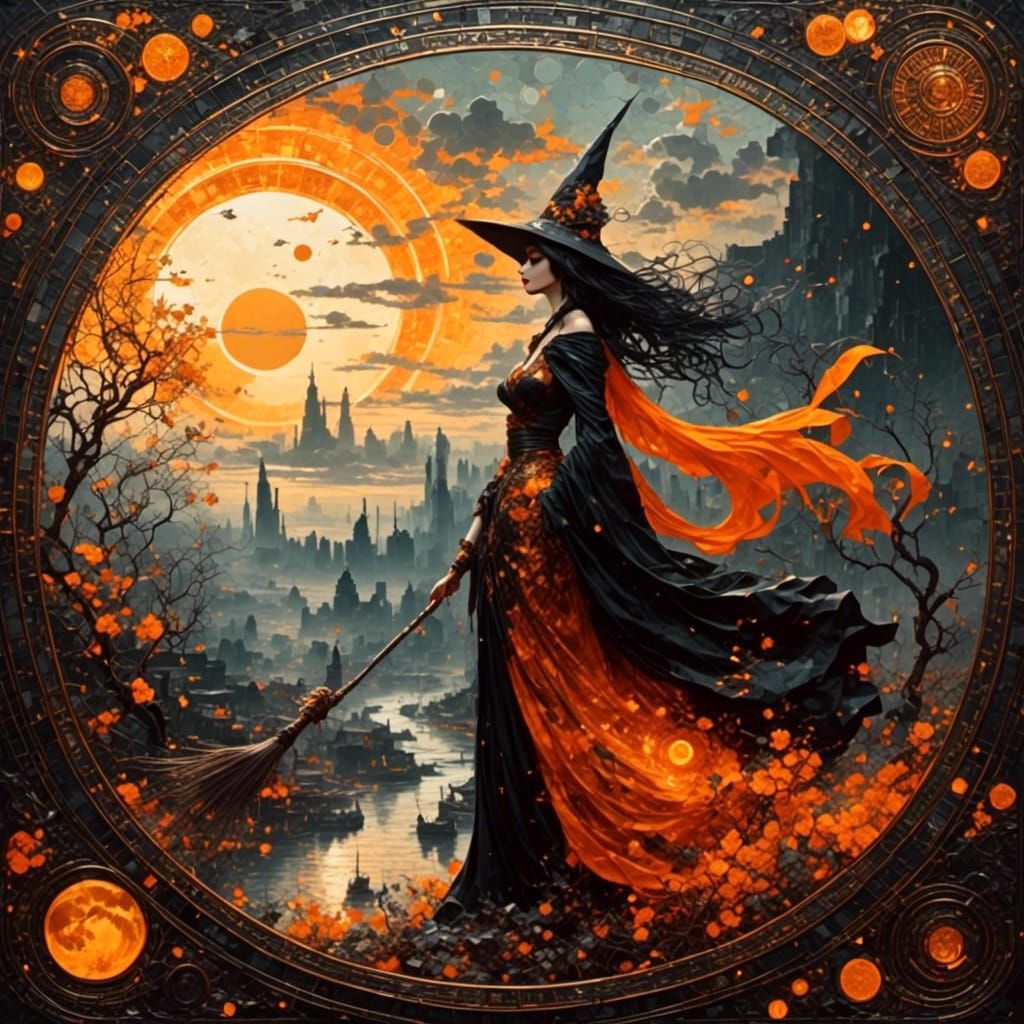 Witch Silhouetted Against Tiled Sunrise