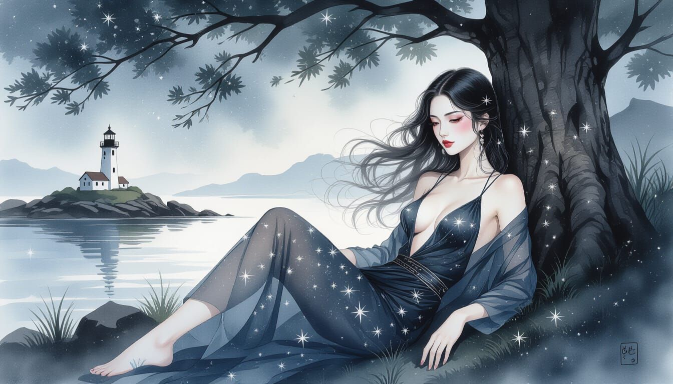 Starlight Woman in Ink Wash Coastal Grove